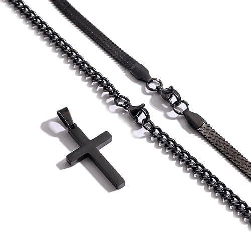 Stainless Steel Layered Cuban Link Cross Necklace, Men Boys Christian Jewelry Gifts