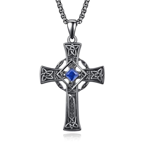 Admetus Sterling Silver Celtic Cross Necklace for Men with Birthstone Chain