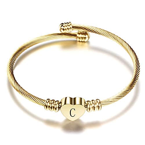 Women's Gold Plated Heart Initial C Bracelets Stainless Steel Birthday Jewelry