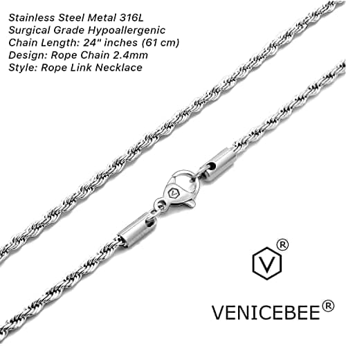 VENICEBEE Best 24" 316L Surgical Grade Stainless Steel Chain Necklace, HypoallergenicLead-Free Metal