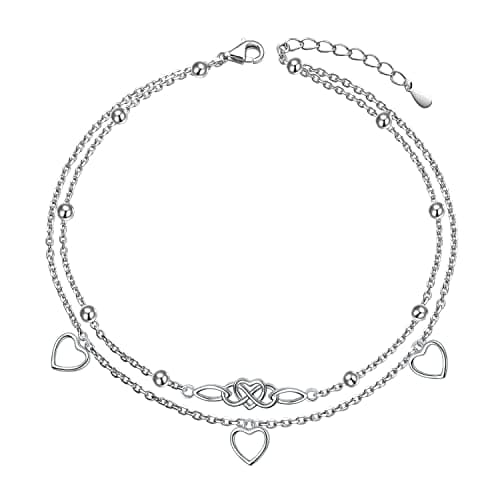 Flyow Sterling Silver Heart Charm Adjustable Anklet for Women