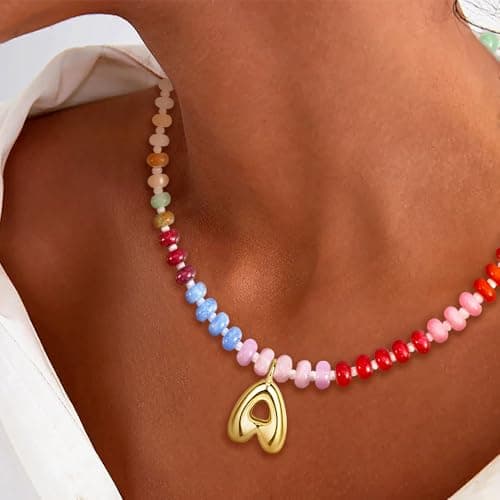 Hoifu Boho Gold-Plated Beaded Necklace with A-Z Pendant, Trendy Women's Beach Gift
