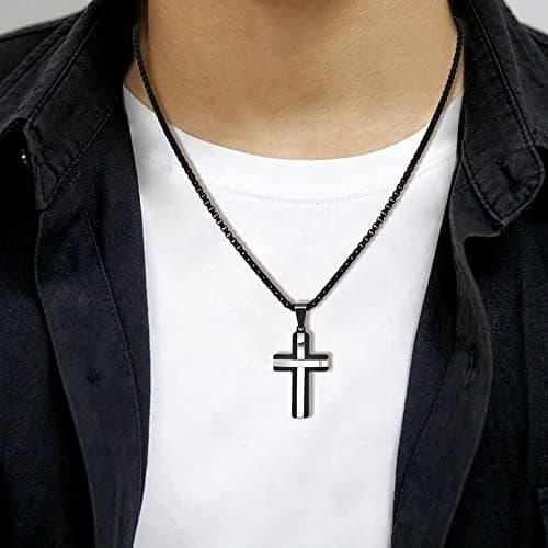 Men's Edforce Stainless Steel Double Layer Cross Pendant Necklace, 24" Chain