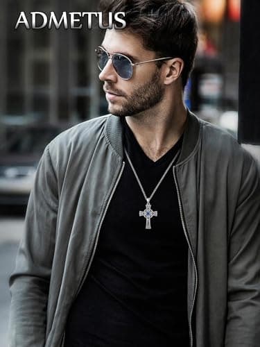 Admetus Sterling Silver Celtic Cross Necklace for Men with Birthstone Chain