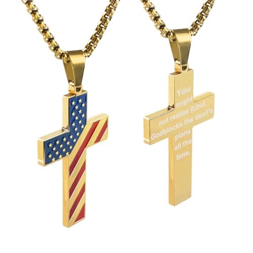 Ironkoi Men's 18+2 Inch Stainless Steel American Flag Cross Necklace with Bible Verse - Christian Gift
