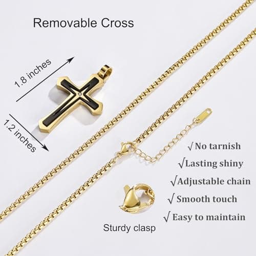 MOOSKI Mens Silver/Gold/Black Cross Necklace, 3mm Chain, Stainless Steel Pendant, Rolo Chain 22-24 Inch
