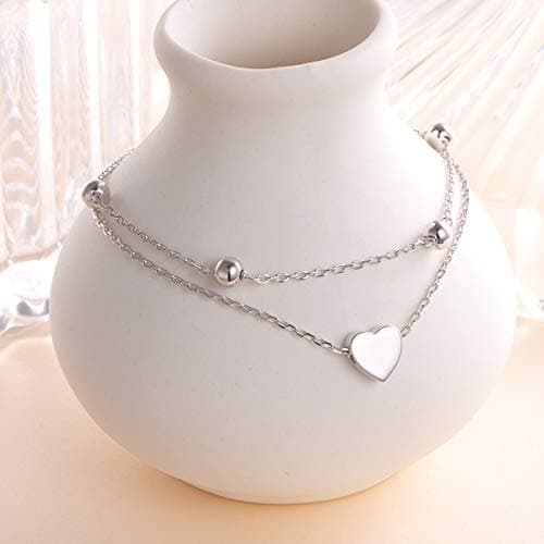 Flyow Sterling Silver Heart Charm Adjustable Anklet for Women