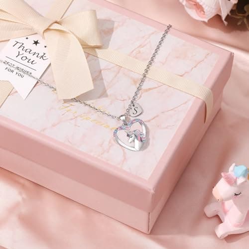 Silver Heart Unicorn Necklace with Initial CZ - Gift for Girls, Teen, andKids