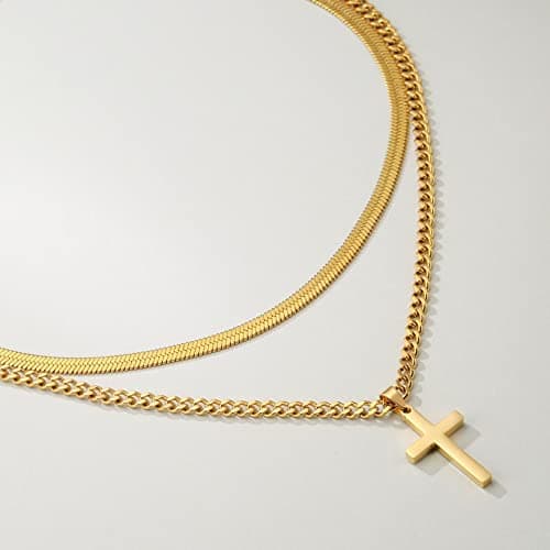 Stainless Steel Layered Cuban Link Cross Necklace, Men Boys Christian Jewelry Gifts