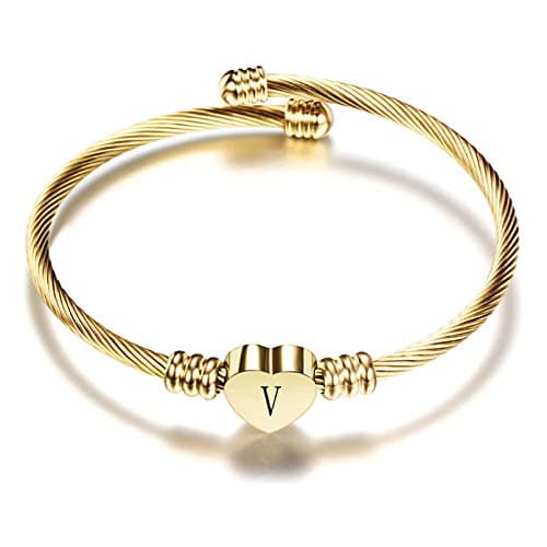 Women's Gold Plated Heart Initial C Bracelets Stainless Steel Birthday Jewelry