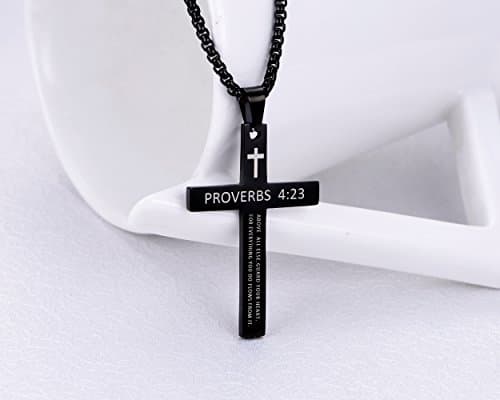 Stainless Steel Cross Pendant Necklaces with Proverbs 4:23 for Men or Women (24 Inch Chain)
