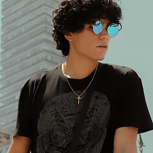 EnglishIVER Men's Gold Silver Black Stainless Steel Cross Necklace with Layered Rope Chain 16-24 Inch