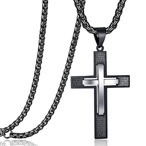 Stainless Steel Cross Pendant Necklaces with Proverbs 4:23 for Men or Women (24 Inch Chain)