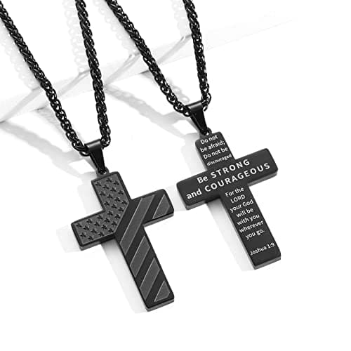 DuoDiner Graduation Gifts: 24-Inch Cross Necklace for Men, Boys, Kids Bible Verse American Flag Pendant