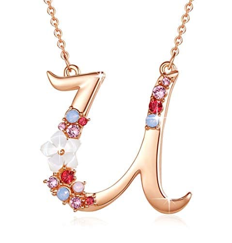 GEMMANCE Pink Red Blue Simulated Pearl Pendant Initial Letter Necklace Rose Gold Plated Anniversary Gifts for Women