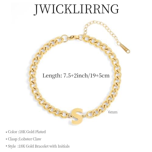 Jwicklirrng Men's 18K Gold Plated Letter Charm Bracelet A-ZAdjustable Cuban Chain for Boyfriend or Father