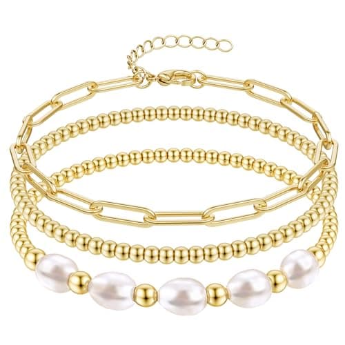 Sanfenly Women's Gold Stackable Pearl Beaded Initial Charm Bracelet (A Letter)