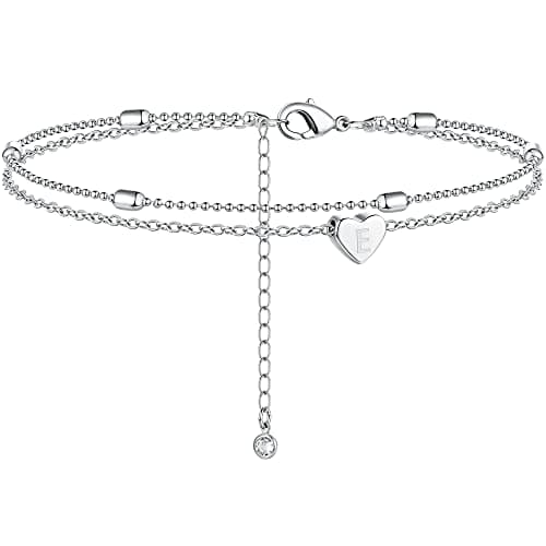 Moodear Silver Anklets for Women - Waterproof Layered Heart Charm Anklet