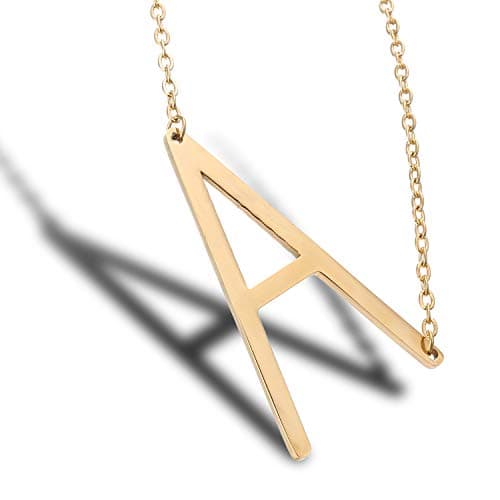 MOMOL Sideways Initial Necklace - Large 18K Gold Plated Stainless Steel Pendant for Women