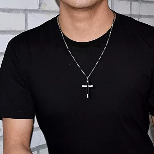 FANCIME Black Cross Sterling Silver PendantLong NecklaceFine Jewelry Stainless Steel Box Chain 24"
