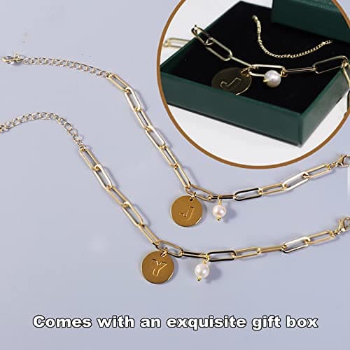 Personalized Initial Bracelets for Women - 14K Gold Plated Layered Bracelet with Natural Pearl Beads