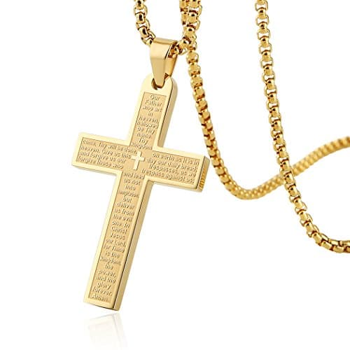 HZMAN Stainless Steel Cross Necklace with Lord's Prayer Pendant, 4 Colors