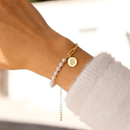 Turandoss Personalized Gold Initial Charm Pearl Bracelets for Girls & Teen Bridesmaids