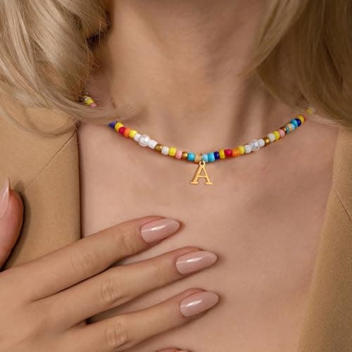 JSJOY Rainbow Beaded Choker with Gold Initial Pendant Boho Jewelry for Women