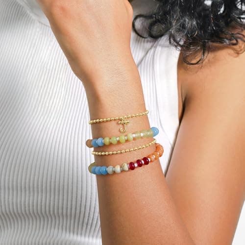 KissYan 14K Gold Plated Beaded Initial Bracelets A-Z Dainty Jewelry