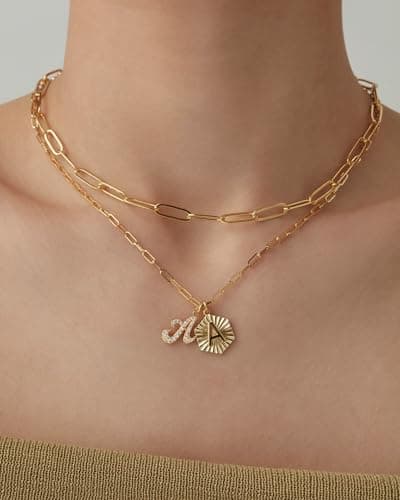 PavoI 14K Gold Plated Hexagon Initial Pendant Layered Necklace for Women | Paperclip Chain