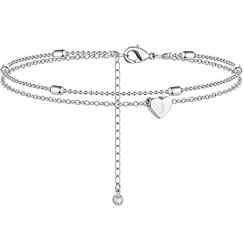 Moodear Silver Anklets for Women - Waterproof Layered Heart Charm Anklet