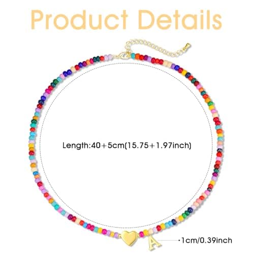 Colorful Beaded Charm Alphabet Choker Necklace for Women and Girls | Bohemian Gold Plated Heart Pendant