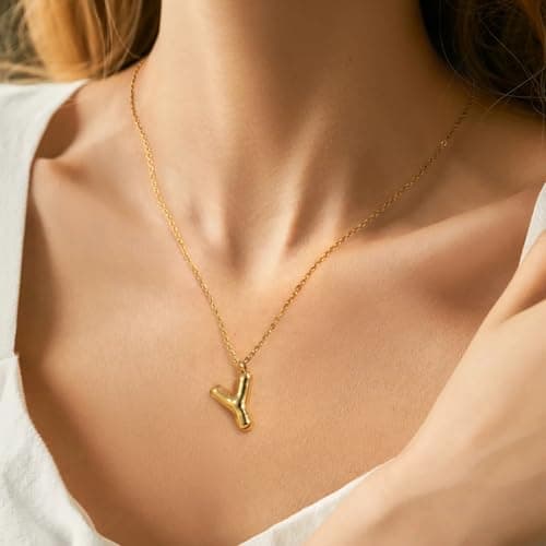 YeGieonr Tarnish-Free Gold Stainless Steel Initial Necklace with Bubble Letter Pendant