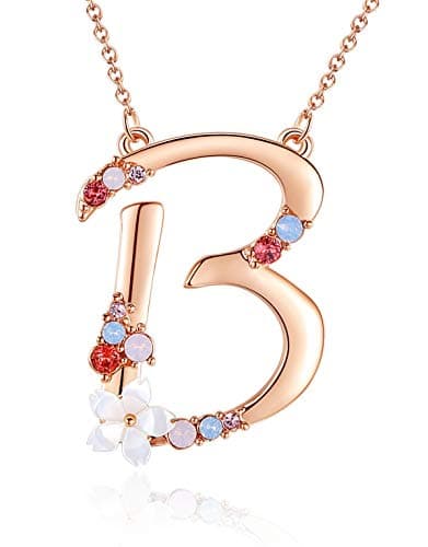 GEMMANCE Pink Red Blue Simulated Pearl Pendant Initial Letter Necklace Rose Gold Plated Anniversary Gifts for Women