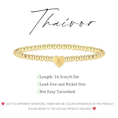 Thaivor Women's Dainty Heart Initial Charm Stretch Beaded Bracelet