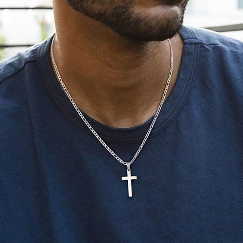 LUXEJEW Stainless Steel Figaro Chain Cross Pendant Necklace - Black, Silver, Gold