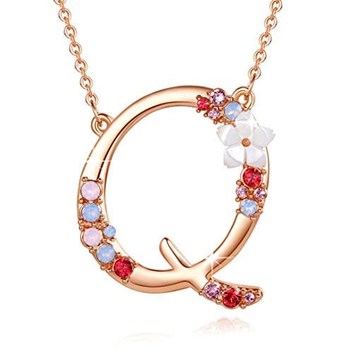 GEMMANCE Pink Red Blue Simulated Pearl Pendant Initial Letter Necklace Rose Gold Plated Anniversary Gifts for Women