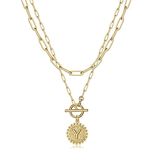 Turandoss Gold Plated Layered Necklace for Women Coin Initial Pendant
