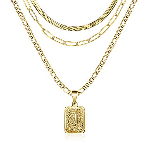 Memgift Gold Layered Necklace Set for Women 3pcs Square Pendant Jewelry Gifts