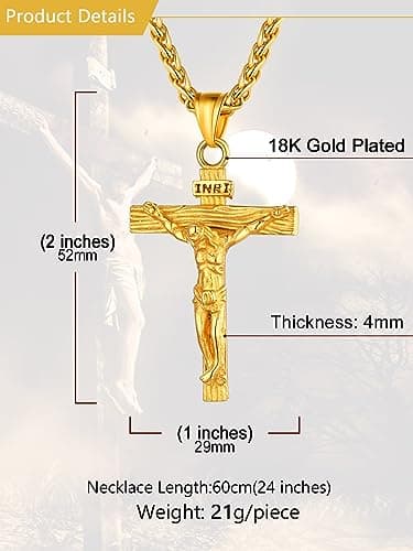 Antique U7 Men's Crucifix Necklace, 18K Gold Tone & Stainless Steel, 22" Chain, Gift Packed
