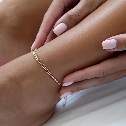 JECOMY 14K Gold Plated Silver Anklet with Pearl CZ Hearts