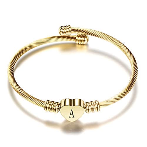 VQYSKO Silver Heart Initials Bracelet - Stainless Steel Engraved Jewelry for Women