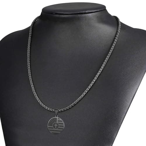 American Flag Cross Necklace for Men, Stainless Steel & Bible Verse, 24 Inches Wheat Chain