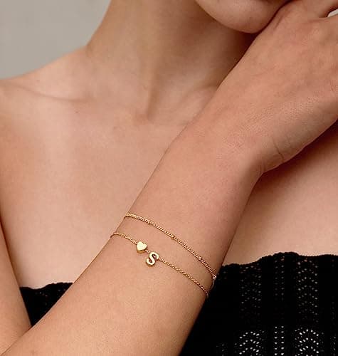 DearMay Dainty Heart Initial Gold Bracelets for Women Trendy 14K Real Gold Jewelry