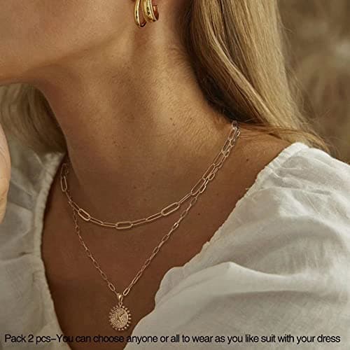 Ursteel Layered Initial Necklaces for Women - 14K Gold Plated Paperclip Chain with Coin Pendant