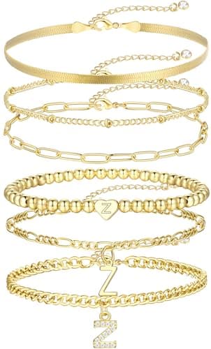 14K Gold Plated Initial Bracelet Set, Dainty & Stackable for Women