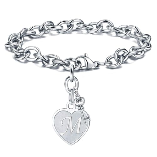 Stainless Steel Engraved Heart Initial Bracelet - Birthday Christmas Gift for Women & Teen Girls