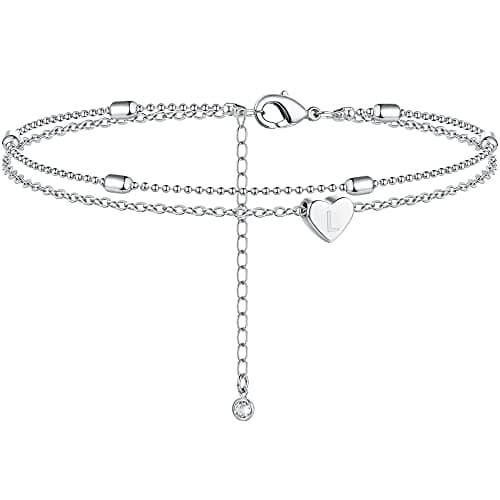 Moodear Silver Anklets for Women - Waterproof Layered Heart Charm Anklet
