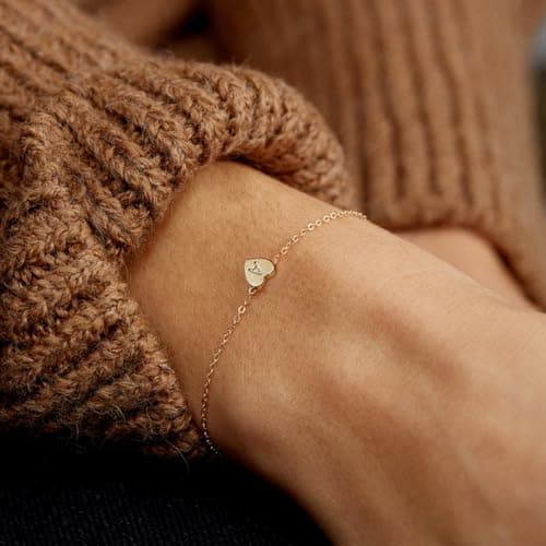 Dainty Heart Initial Bracelets for Women & Girls, 14K Gold Filled Personalized Jewelry Gifts