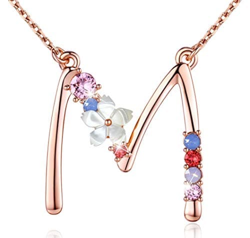 GEMMANCE Pink Red Blue Simulated Pearl Pendant Initial Letter Necklace Rose Gold Plated Anniversary Gifts for Women